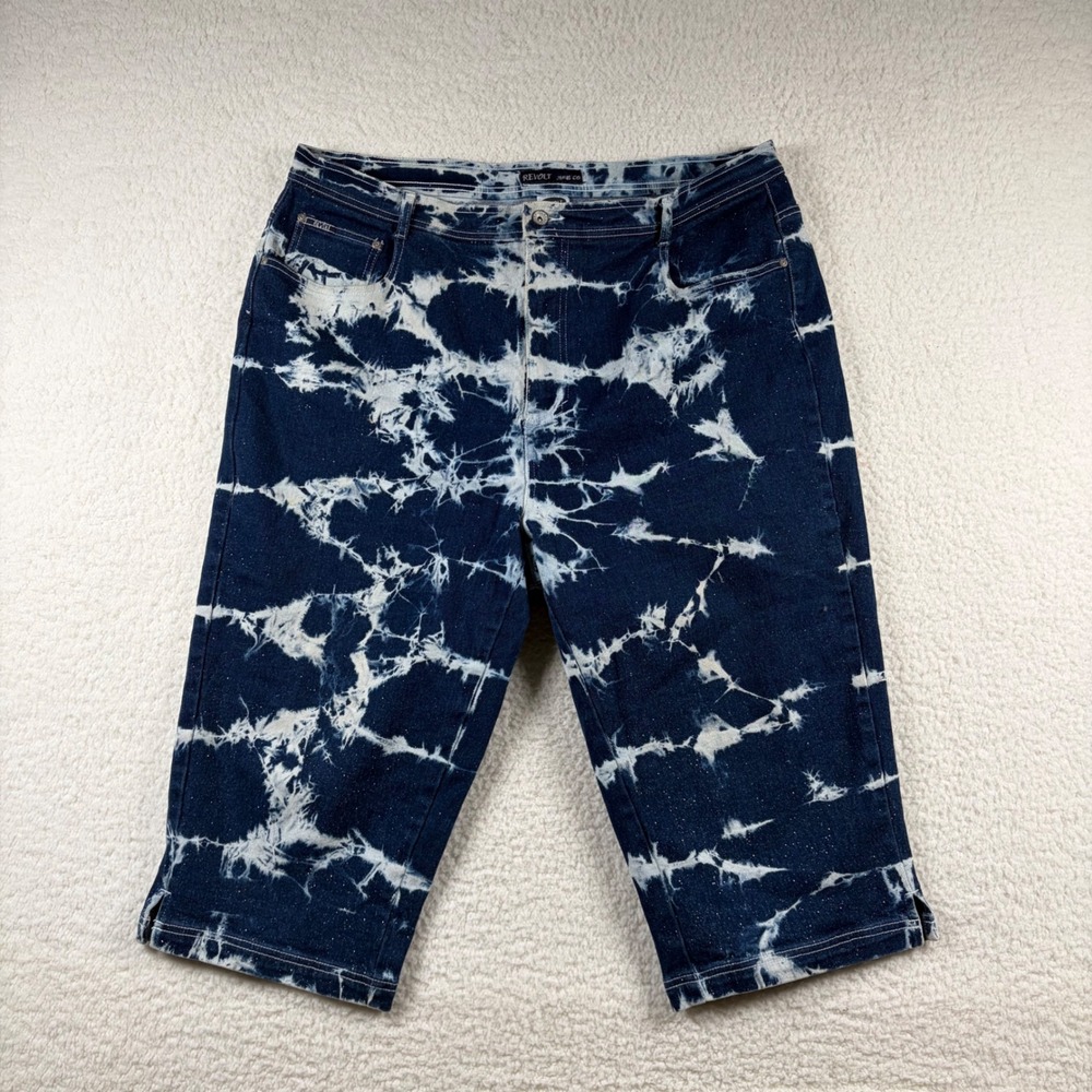 Vtg Revolt Tie Dye Denim Capri Shorts Womens 22W Glitter Jean Jorts Grunge Y2K